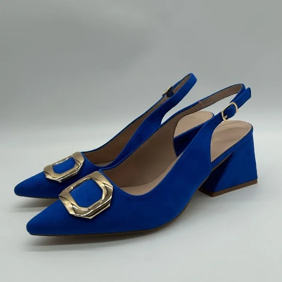 Nicole Miller New York Melrose Blue Faux Suede Slingback Block Heel Pumps 8 NIB - Picture 6 of 13